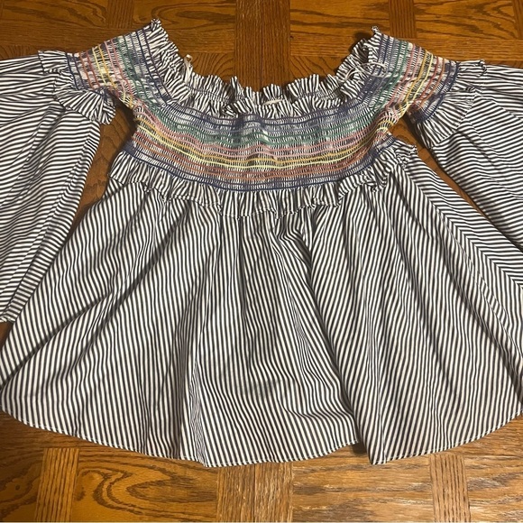 PETERSYN Davenport Smocked Off The Shoulder Striped Smocked Top M Bell Sleeves - Picture 7 of 16